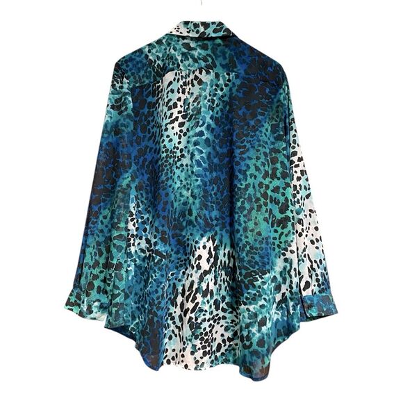 Chico’s Blue & Green Animal Print & Rhinestone Sheer Button Up Size 3, XXL - Picture 4 of 10